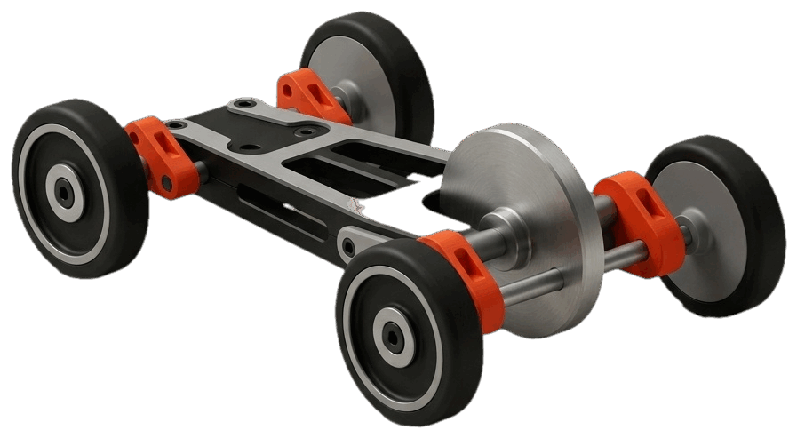 Render of the bearingless inertia car with orange axle blocks and a flywheel