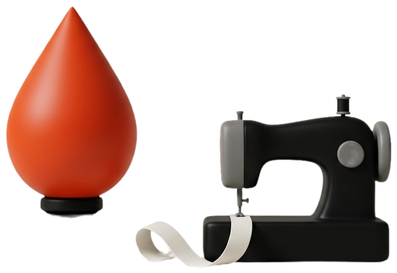 Illustration of a blood drop and a sewing machine