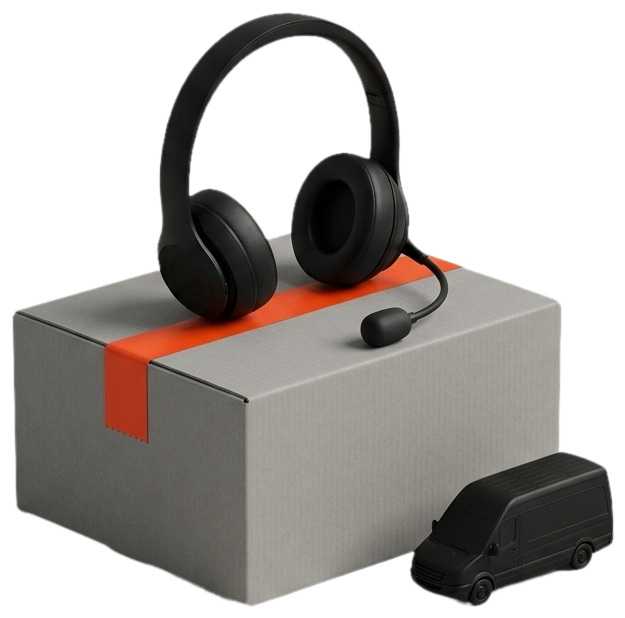 Illustration of a headset and a parcel van
