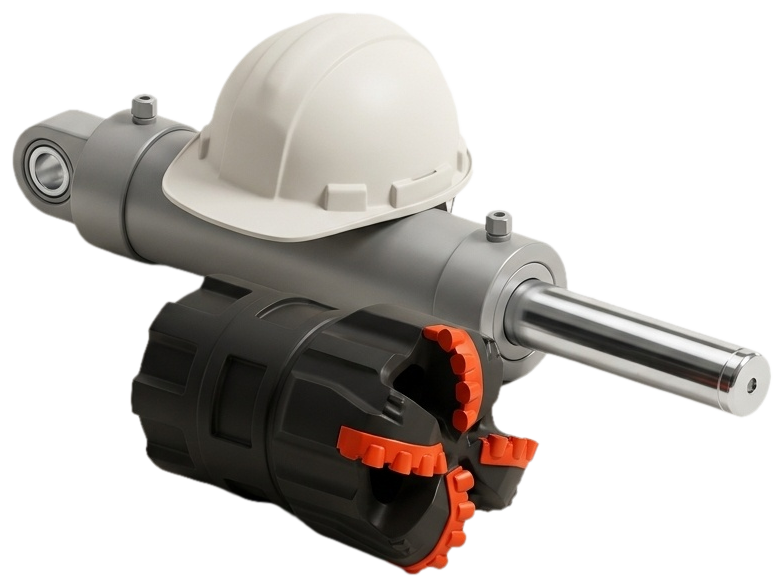 Illustration of a hard hat, a gas cylinder and a drill bit