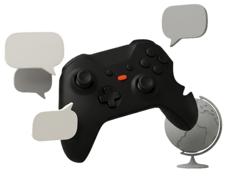Illustration of a game controller, a speech bubble and a globe