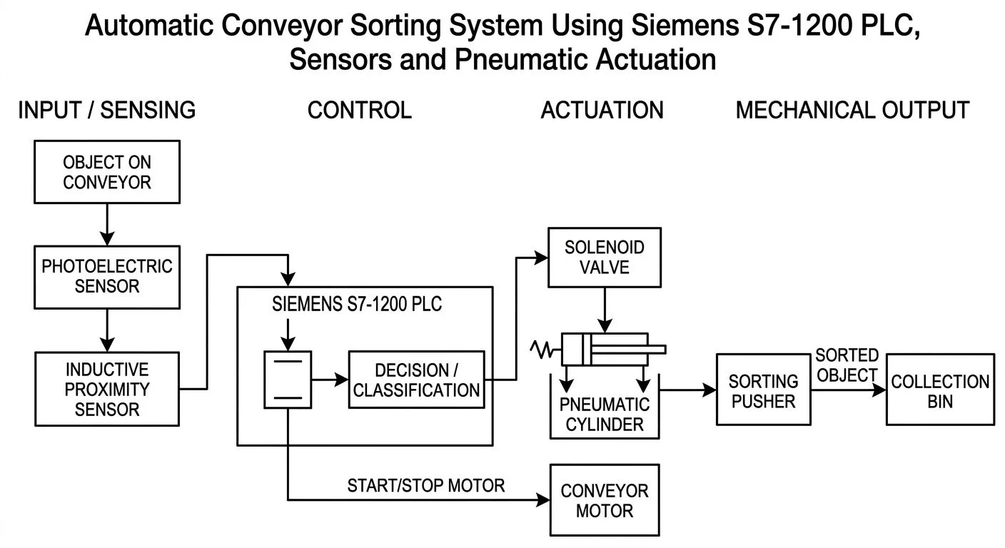 Block diagram: sensing, control, actuation, output