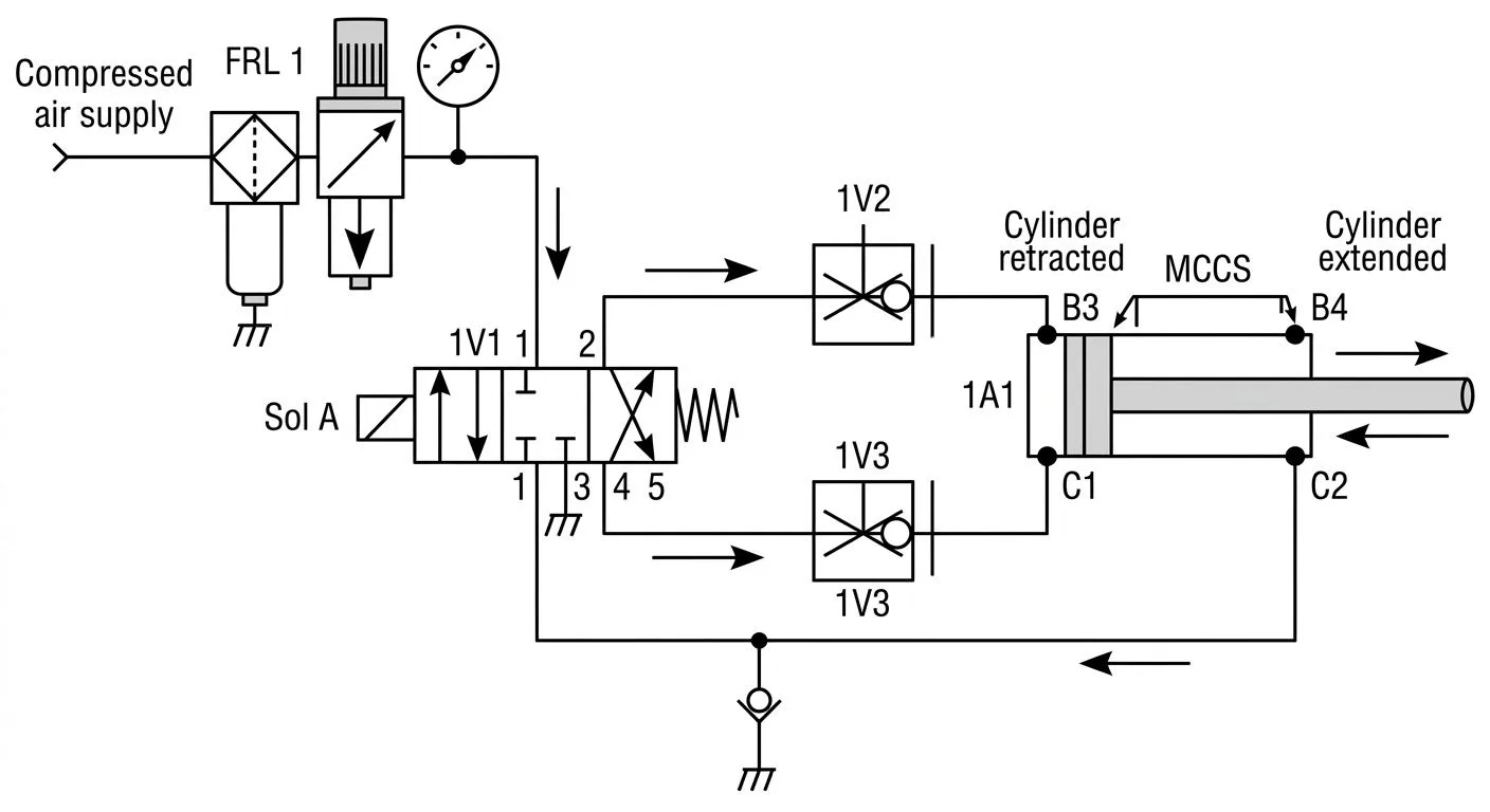 Pneumatic circuit for the pusher cylinder